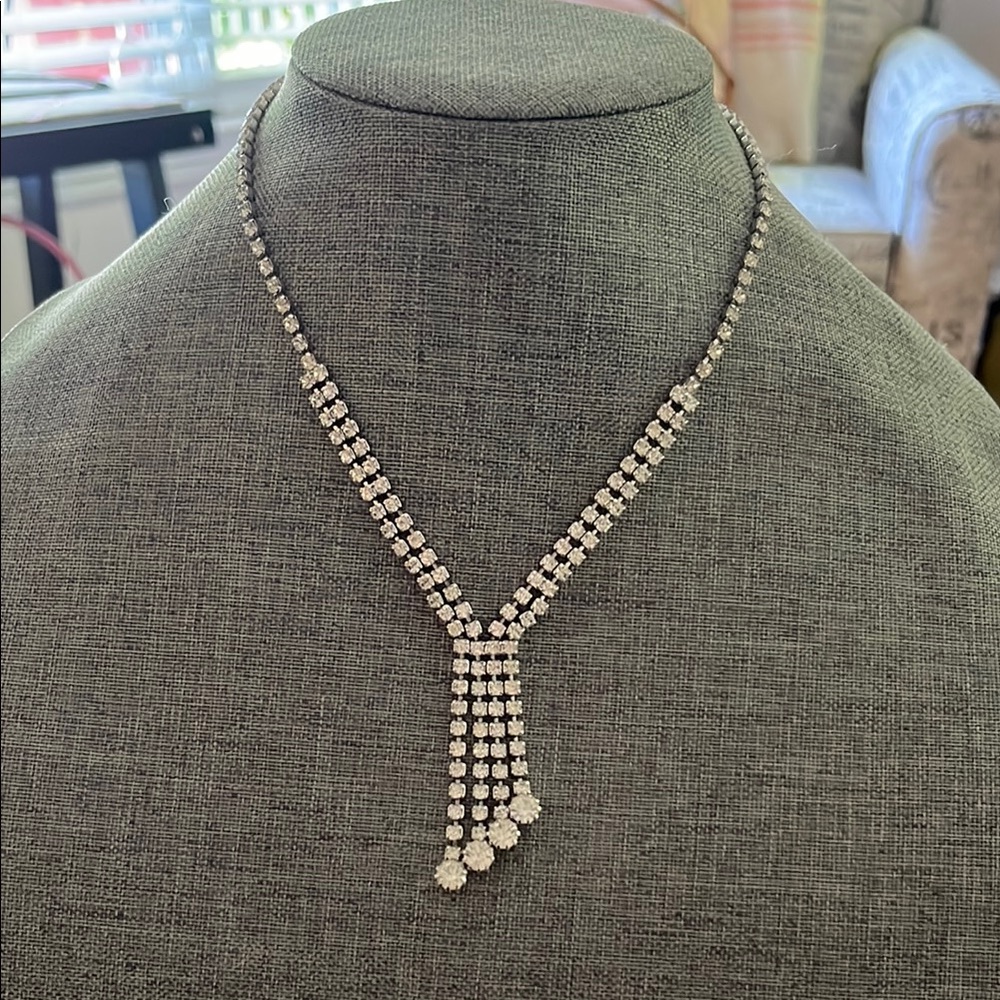 Silver-Tone Crystal Tassel Necklace in Silver